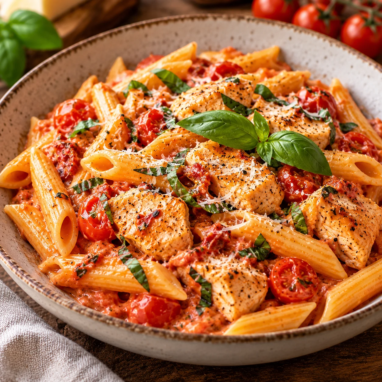 Hähnchen-Pasta mit Tomaten-Sahne-Soße auf einem Teller serviert mit klar erkennbarem Rezeptbelag