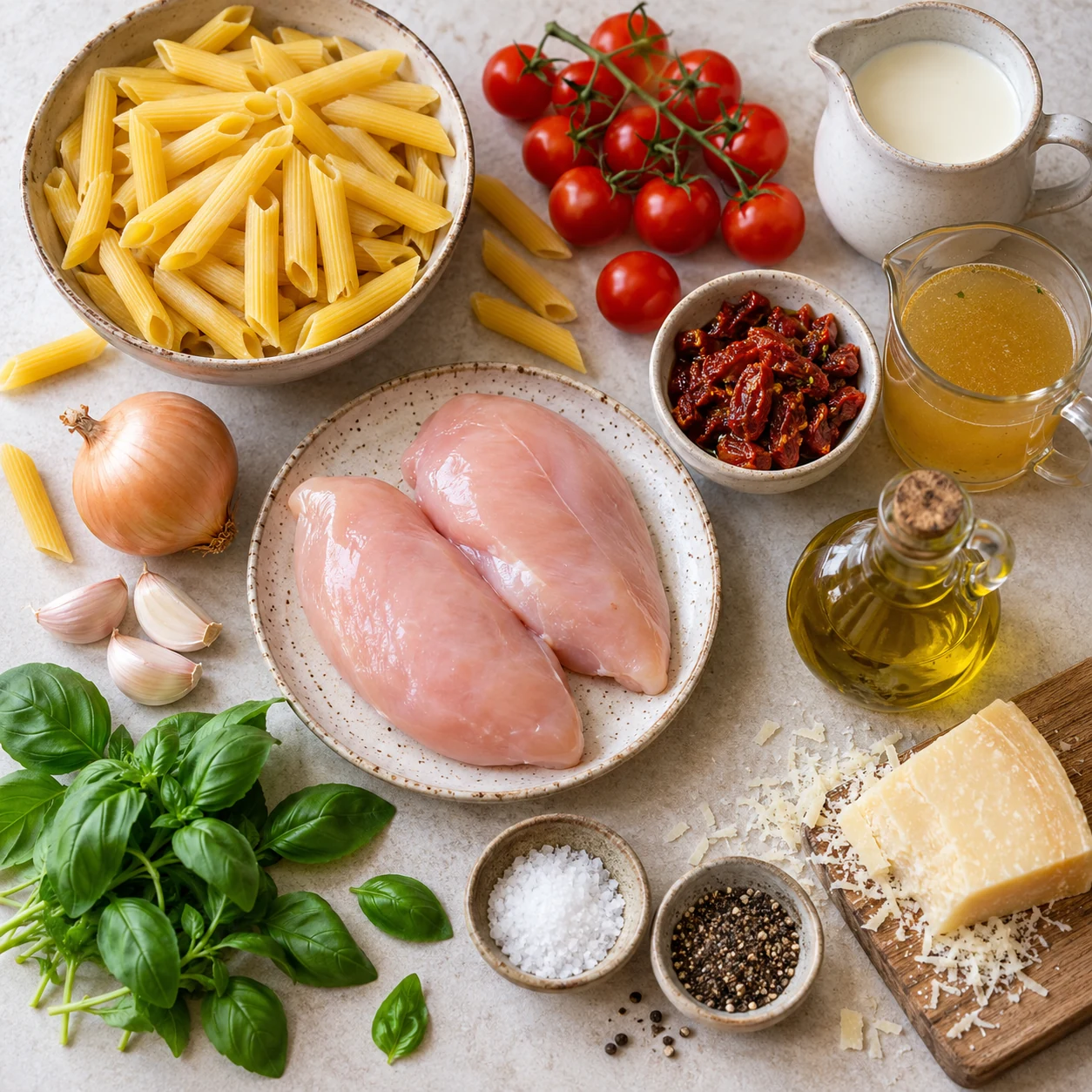 Zutaten für Hähnchen-Pasta mit Tomaten-Sahne-Soße sorgfältig auf einer hellen Küchenfläche angeordnet