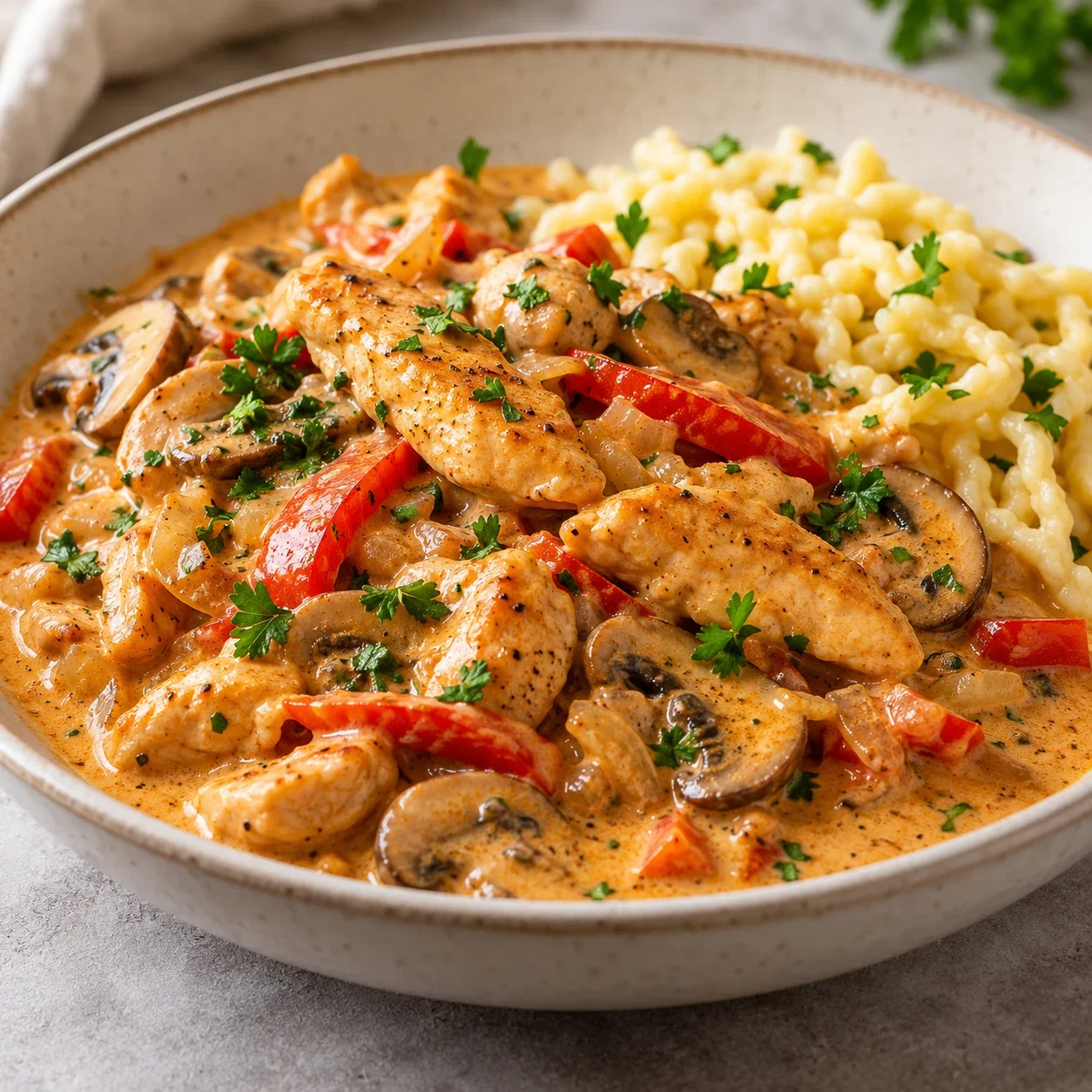 Cremiges Hähnchen-Stroganoff mit Champignons