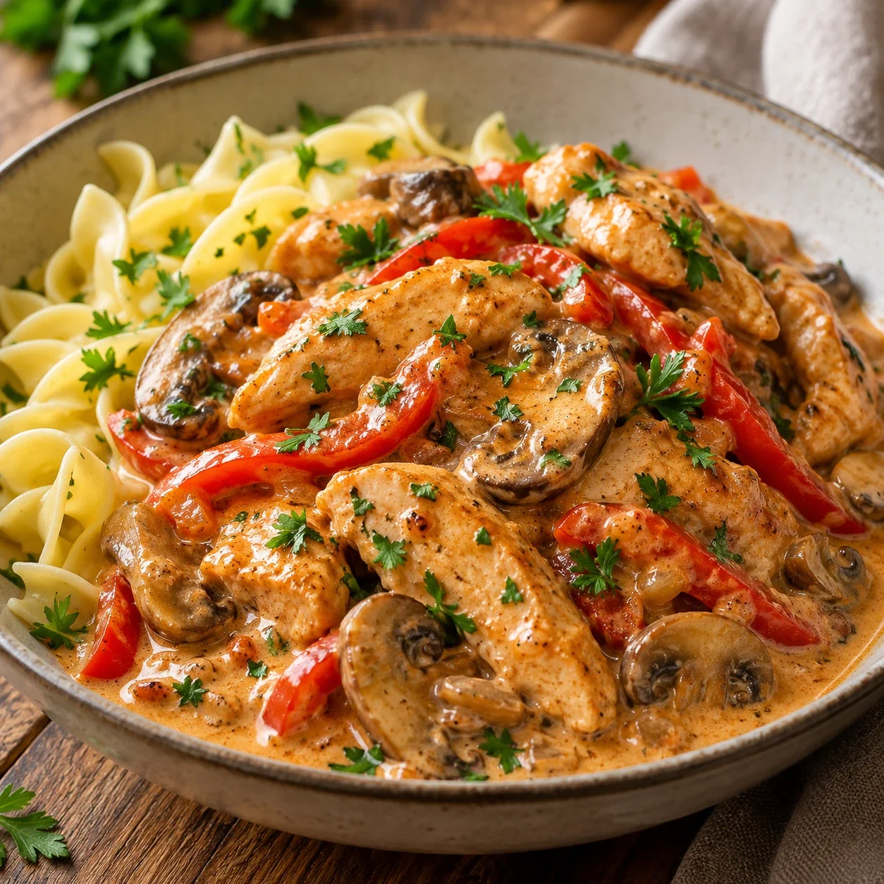 Cremiges Hähnchen-Stroganoff mit Champignons appetitlich auf einem schlichten Teller serviert