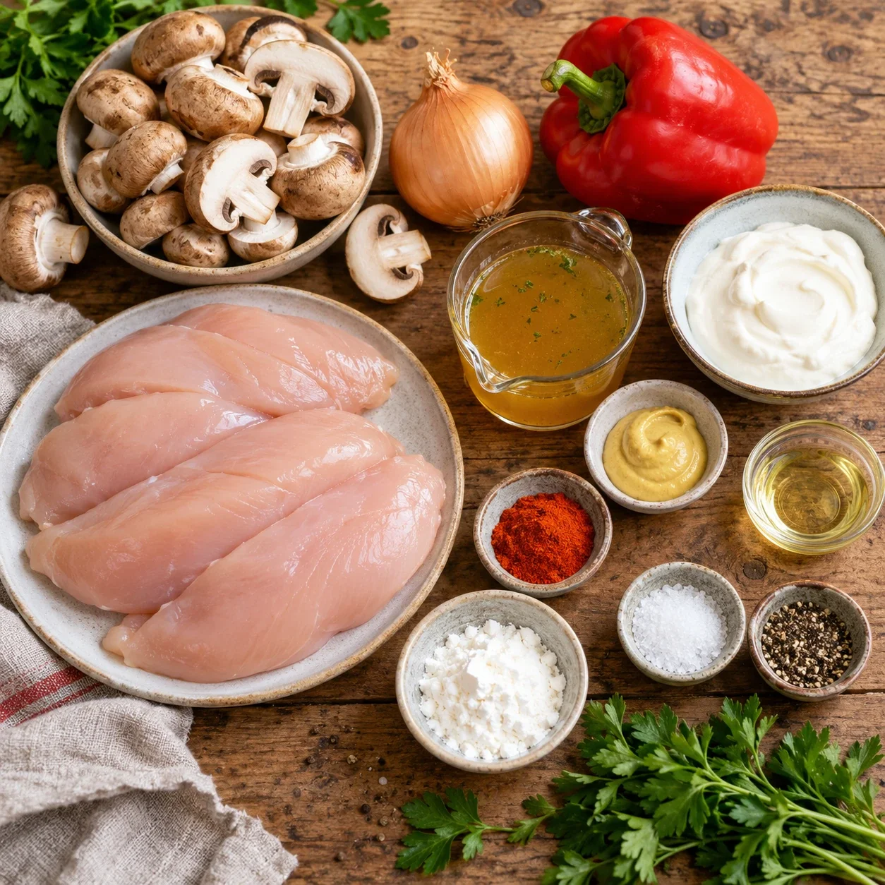 Zutaten für Cremiges Hähnchen-Stroganoff mit Champignons übersichtlich auf heller Küchenarbeitsplatte