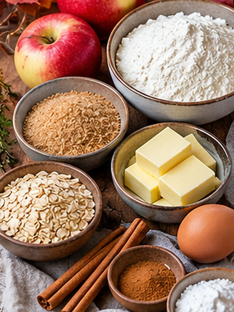 Apfel, Zimt, Haferflocken, Mehl, Butter, brauner Zucker, Ei und Backpulver für Herbst Kekse