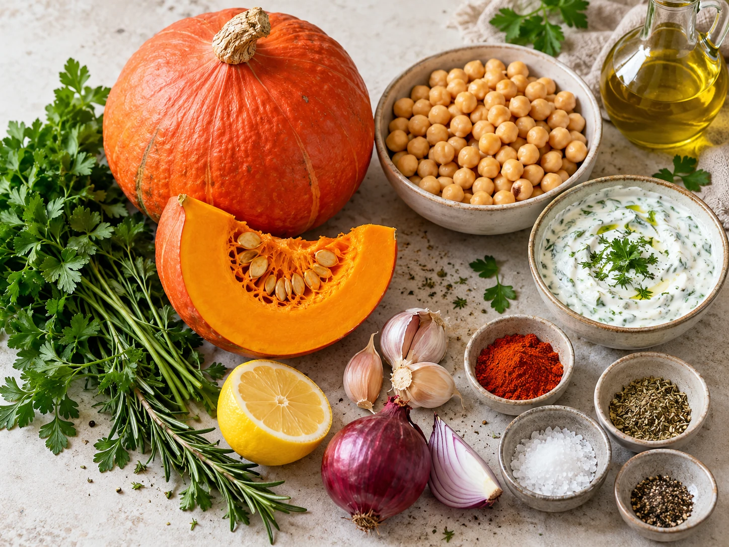 Zutaten für Hokaido Kürbis Rezept mit Hokkaido, Kichererbsen und Joghurt-Dip