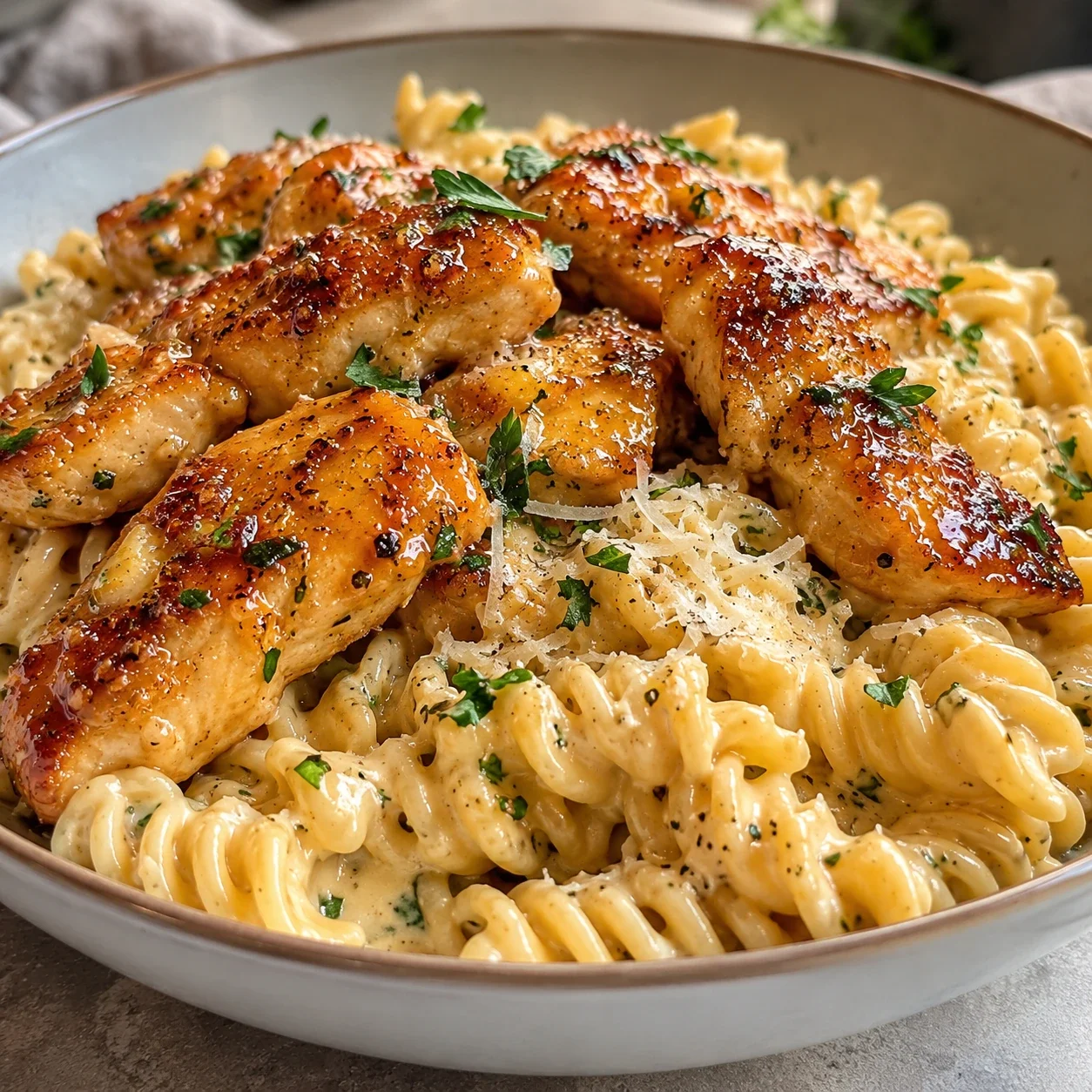 Honig-Butter-Hähnchen mit cremiger Käse-Pasta