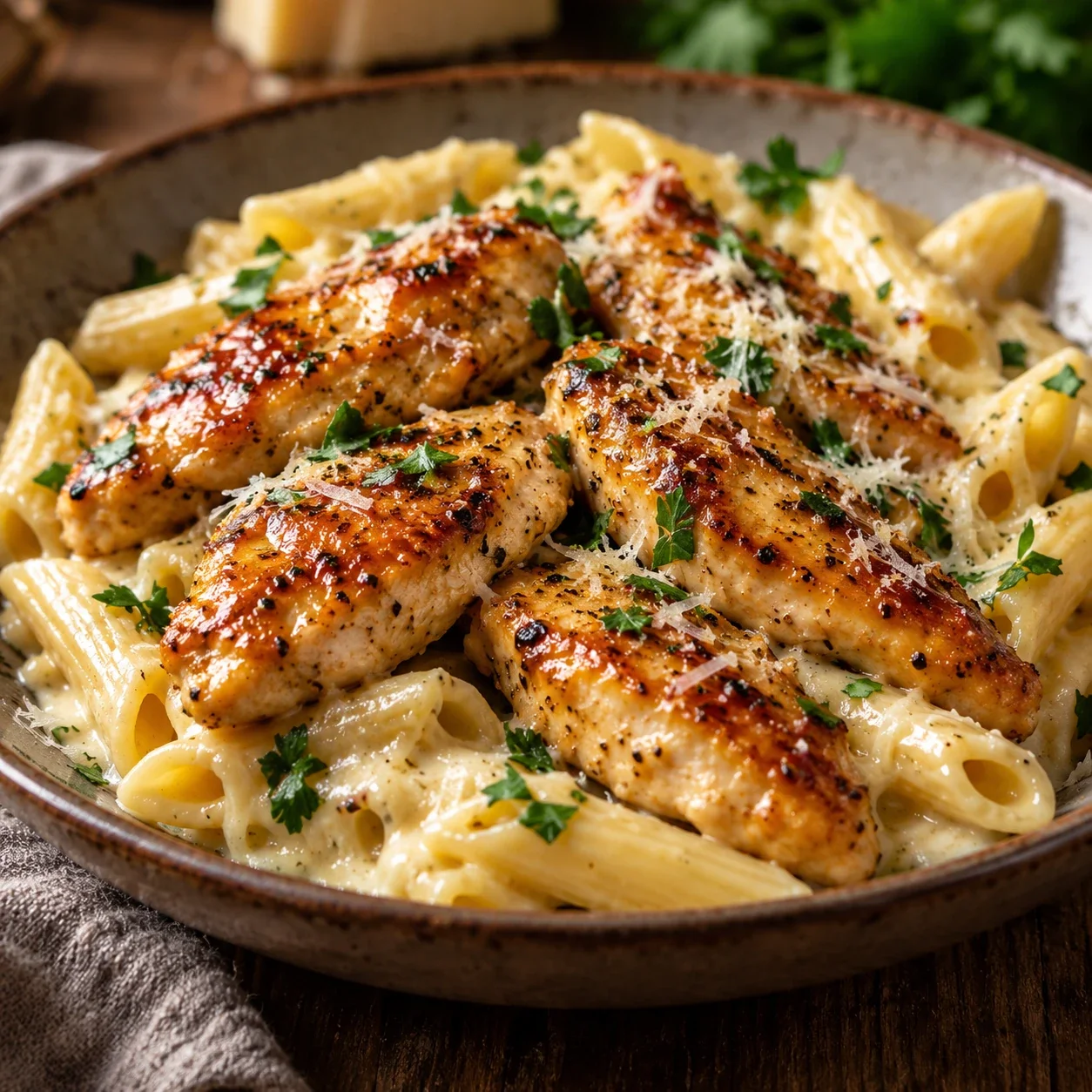 Honig-Butter-Hähnchen mit cremiger Käse-Pasta appetitlich auf einem schlichten Teller serviert