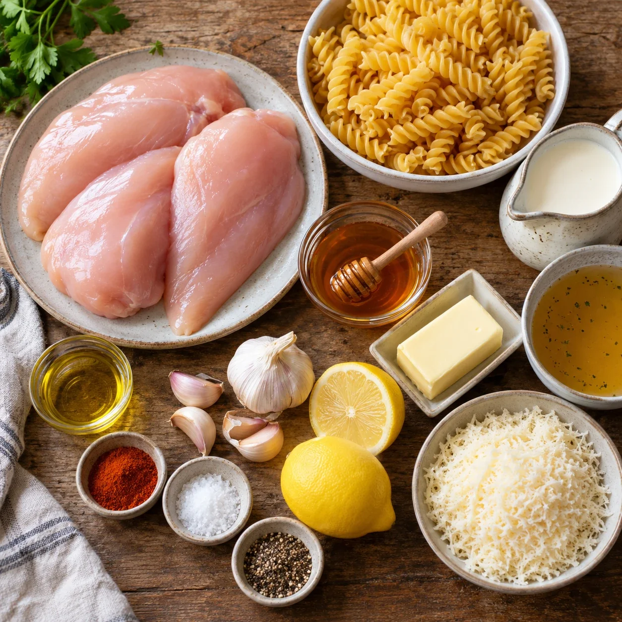 Zutaten für Honig-Butter-Hähnchen mit cremiger Käse-Pasta übersichtlich auf heller Küchenarbeitsplatte