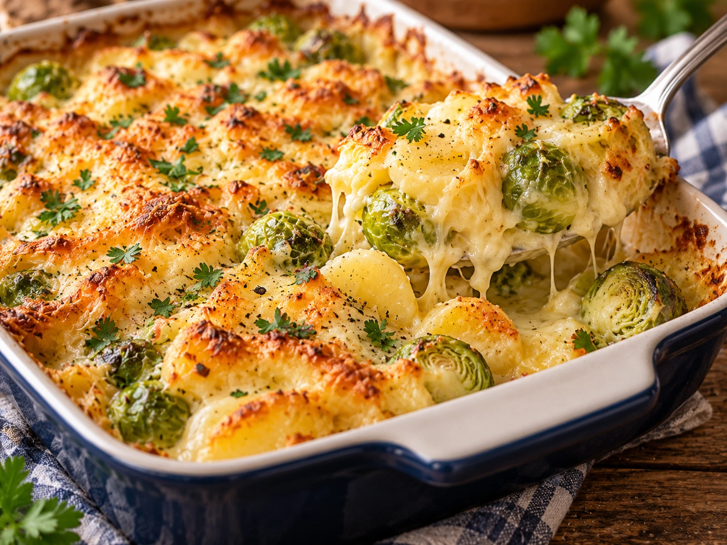 Kartoffel-Rosenkohl-Auflauf mit cremiger Käsesoße und goldbrauner Kruste beim Servieren aus der Auflaufform
