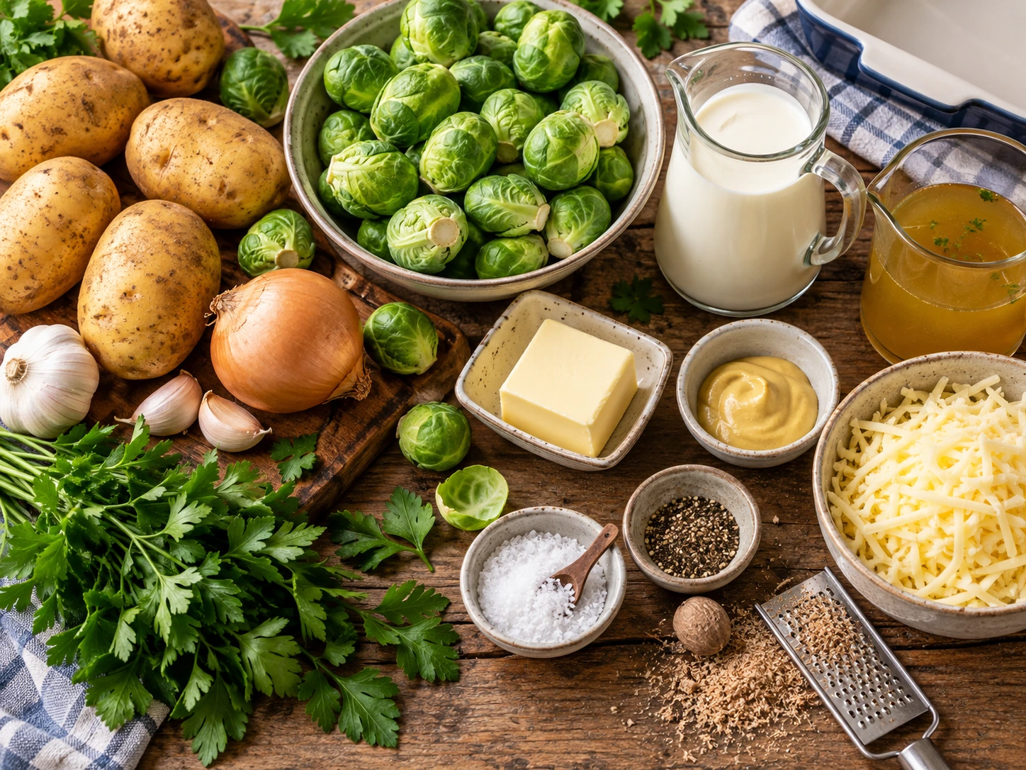 Zutaten für Kartoffel Rosenkohl Auflauf: Kartoffeln, Rosenkohl, Sahne, Gouda, Zwiebel und Muskat