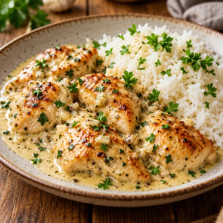 schnelle Rezepte – Knoblauch-Hähnchen mit Reis in cremiger Soße
