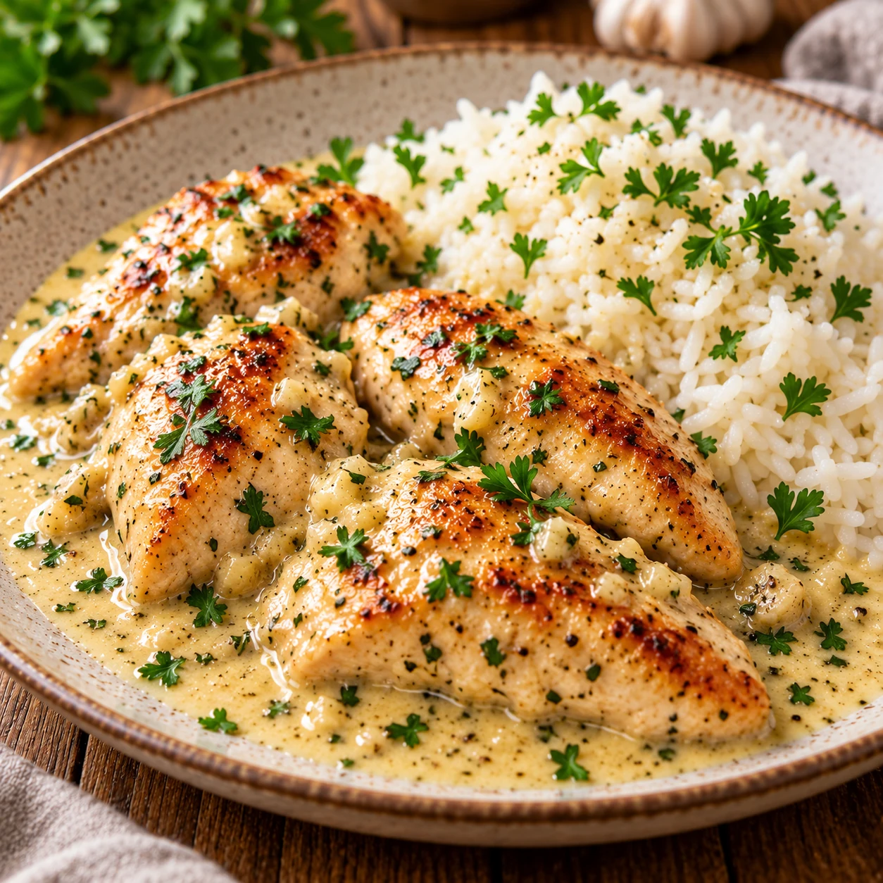 Knoblauch-Hähnchen mit Reis in cremiger Soße auf einem Teller serviert mit klar erkennbarem Rezeptbelag