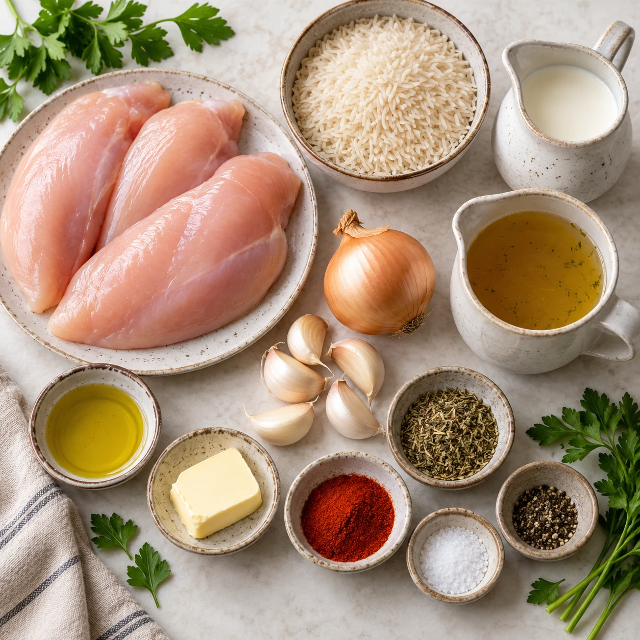 Zutaten für Knoblauch-Hähnchen mit Reis in cremiger Soße sorgfältig auf einer hellen Küchenfläche angeordnet