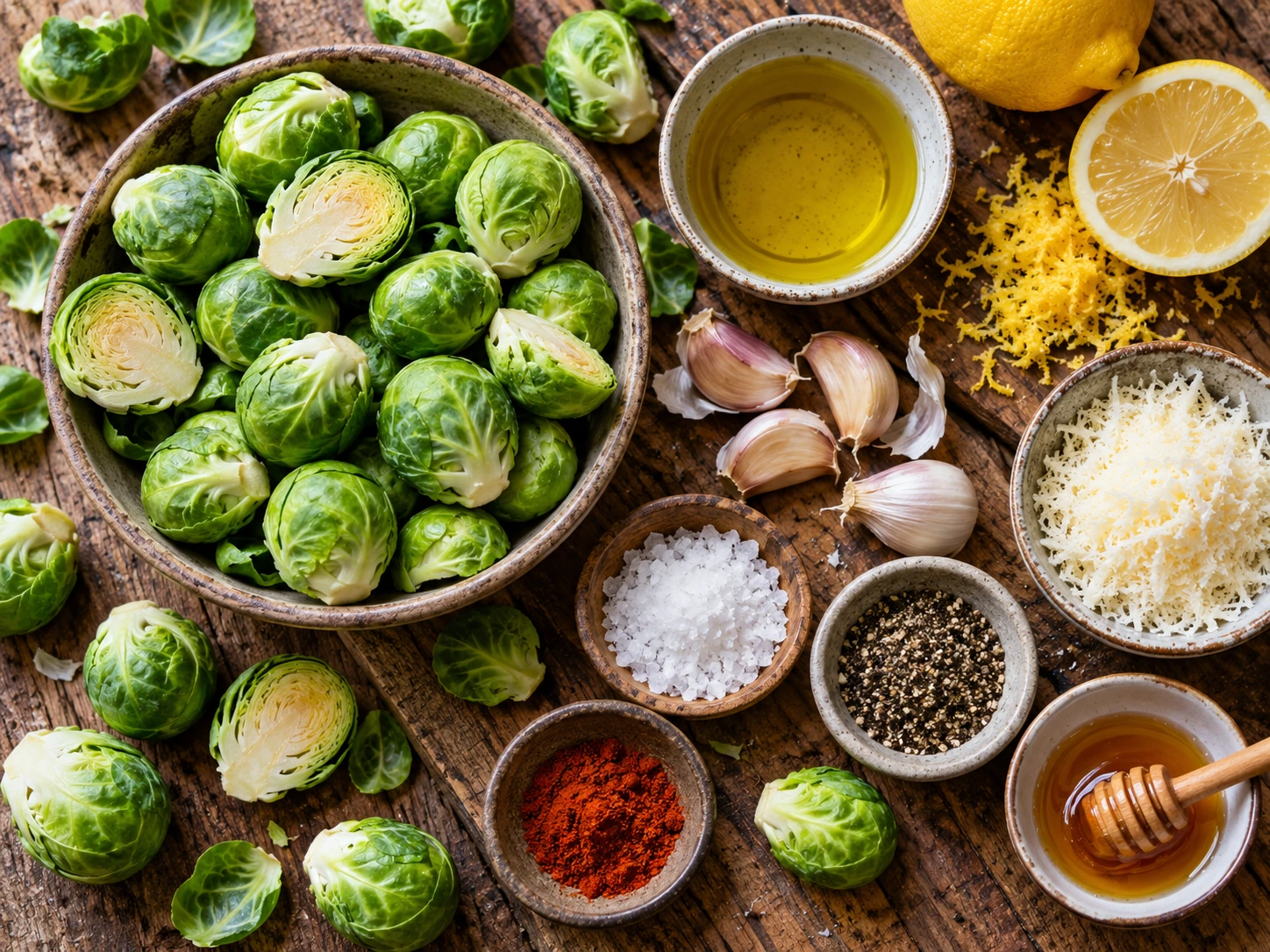Zutaten für Kohlsprossen Rezept: frische Kohlsprossen, Knoblauch, Zitrone, Olivenöl und Parmesan