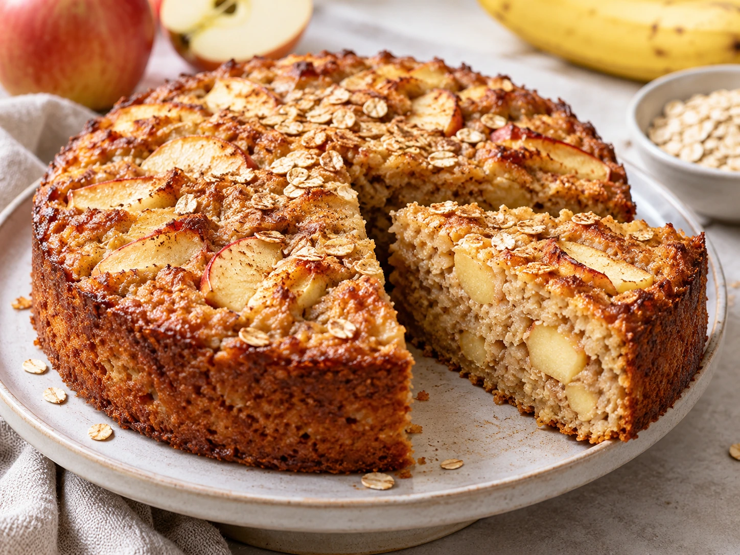 Kuchen ohne Zucker: Saftiger Apfel-Hafer-Kuchen mit Banane frisch gebacken als saftiger runder Kuchen auf einer Holzplatte