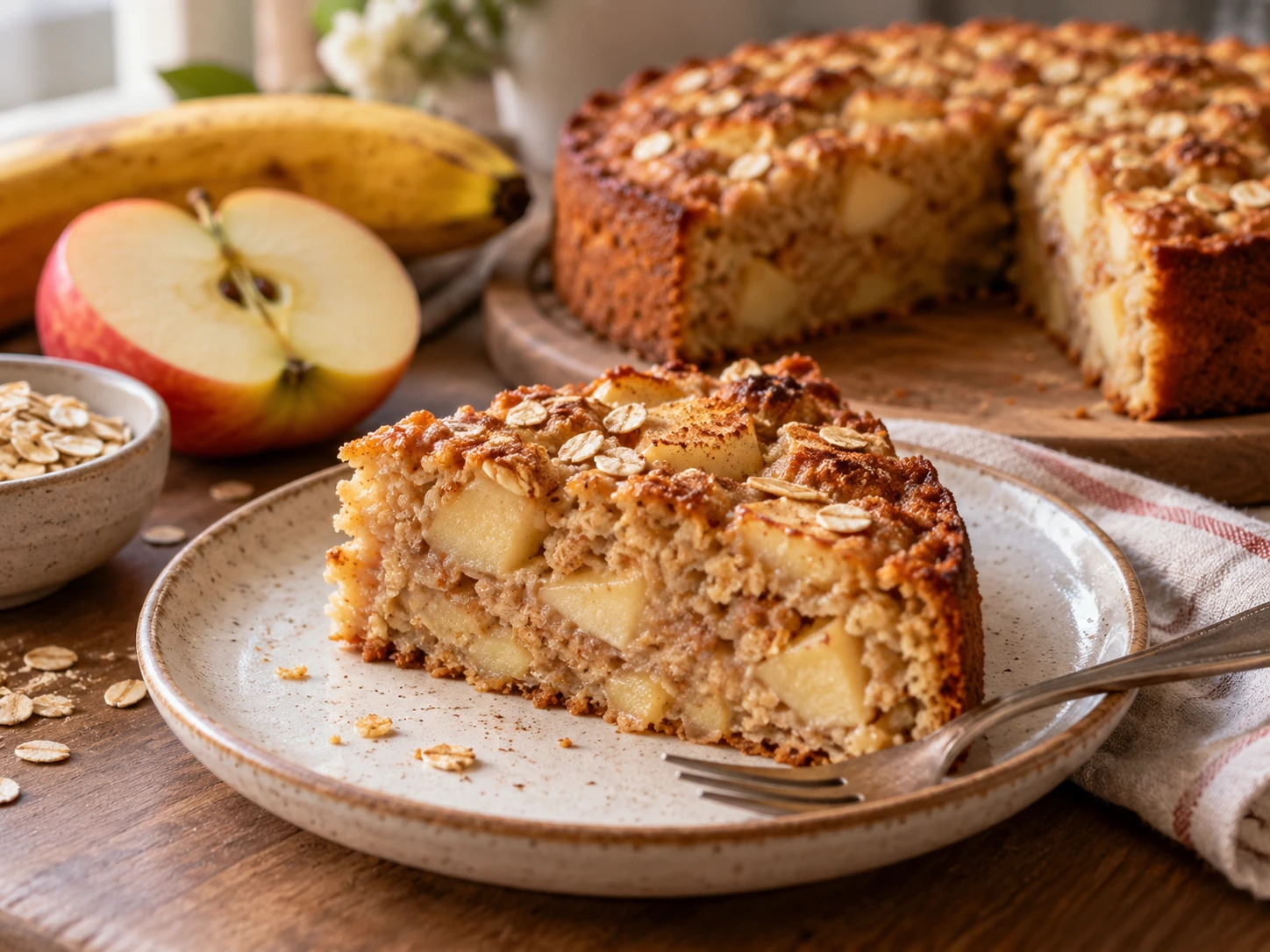 Kuchen ohne Zucker: Saftiger Apfel-Hafer-Kuchen mit Banane in Stücke geschnitten und appetitlich auf einem Teller serviert