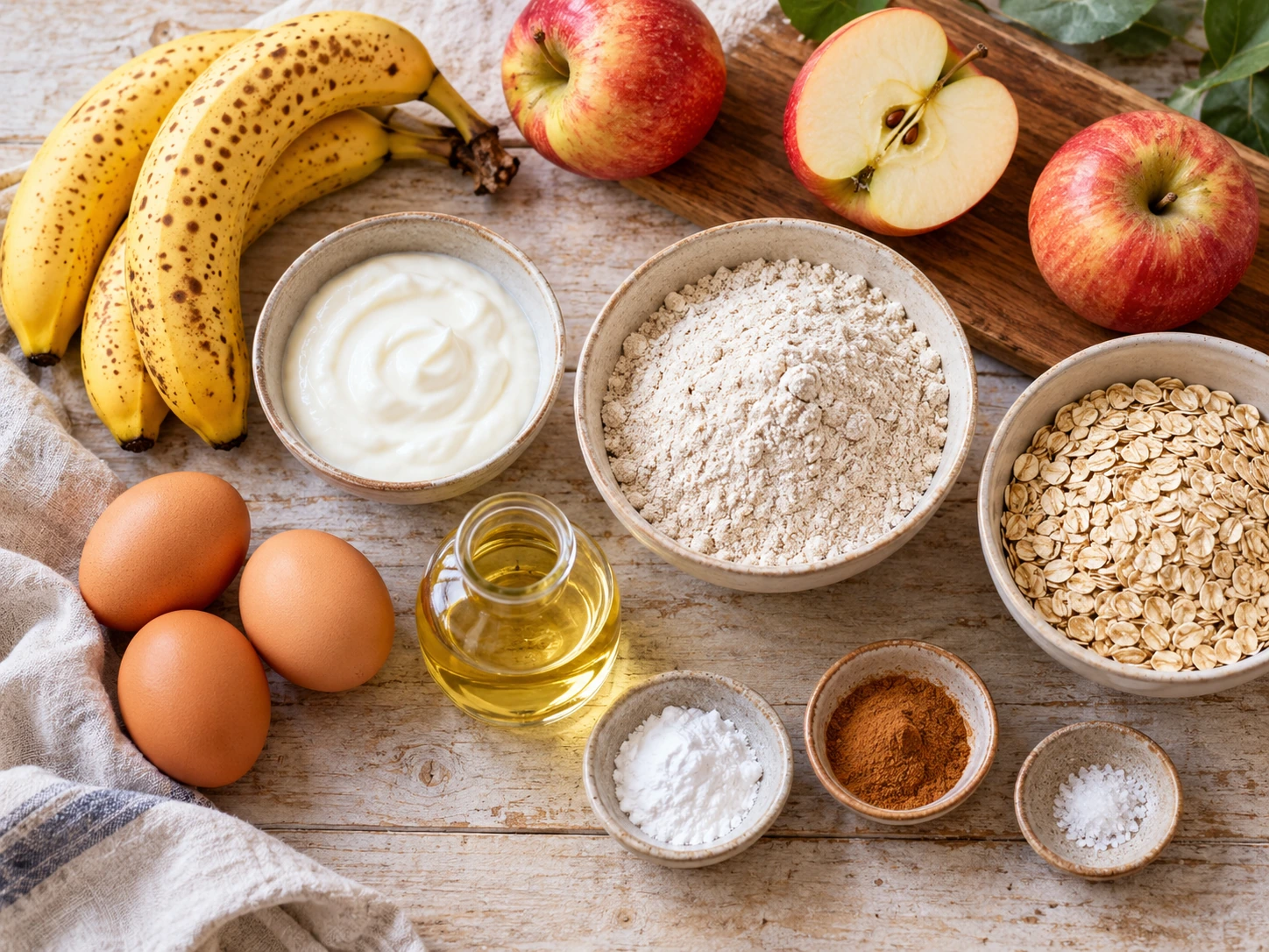 Zutaten für Kuchen ohne Zucker: Saftiger Apfel-Hafer-Kuchen mit Banane auf heller Küchenarbeitsplatte