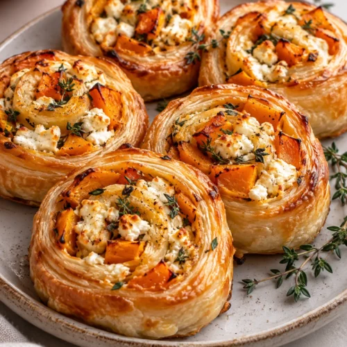 Goldbraune Kürbis-Feta-Blätterteig-Schnecken mit orangefarbenem Kürbis, weißem Feta und Thymian auf einem Keramikteller