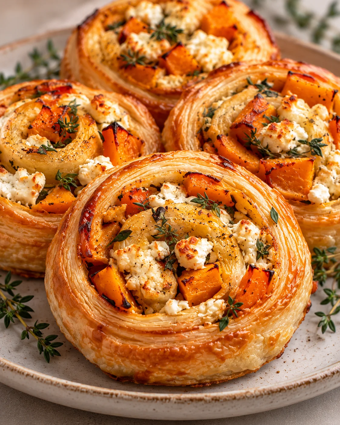 Fertig gebackene Kürbis-Feta-Schnecken mit knusprigen Blätterteigspiralen auf einem hellen Teller