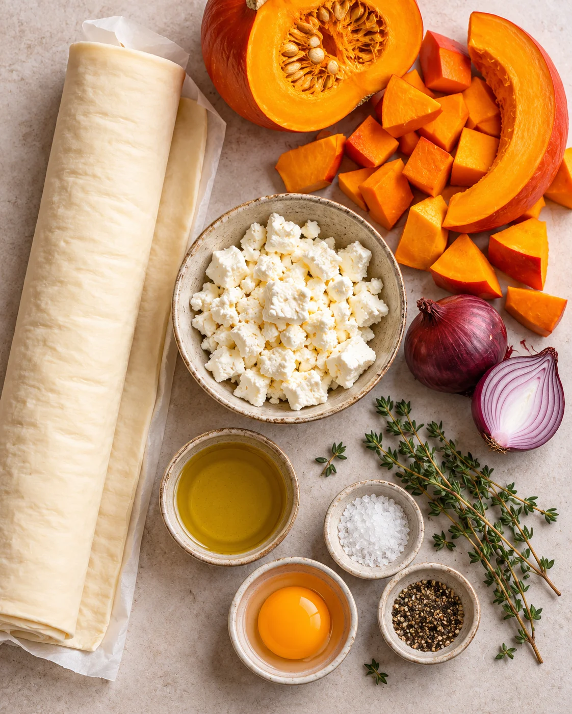 Blätterteig, Hokkaido-Kürbis, Feta, rote Zwiebel, Olivenöl, Thymian, Ei und Gewürze für Kürbis-Feta-Schnecken