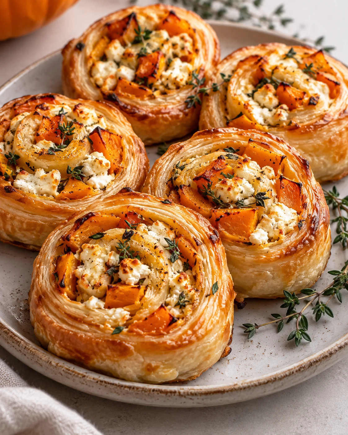 Goldbraune Kürbis-Feta-Blätterteig-Schnecken mit orangefarbenem Kürbis, weißem Feta und Thymian auf einem Keramikteller