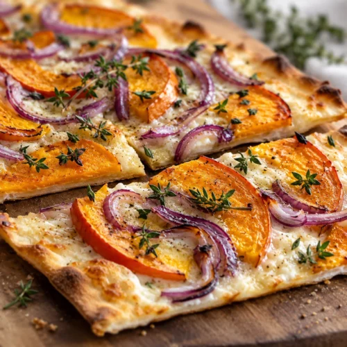Goldbrauner dünner Kürbis-Flammkuchen mit roten Zwiebelringen, Hokkaidoscheiben, Thymian und krossem Teigrand