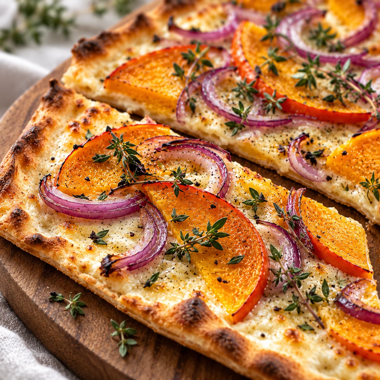 Servierte rechteckige Stücke Kürbis-Flammkuchen mit Zwiebeln, Kürbiskernen und knusprigem Rand auf Holzbrett
