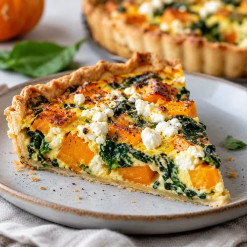 Goldbraune Kürbis Quiche mit orangefarbenen Hokkaidostücken, grünem Spinat und Feta