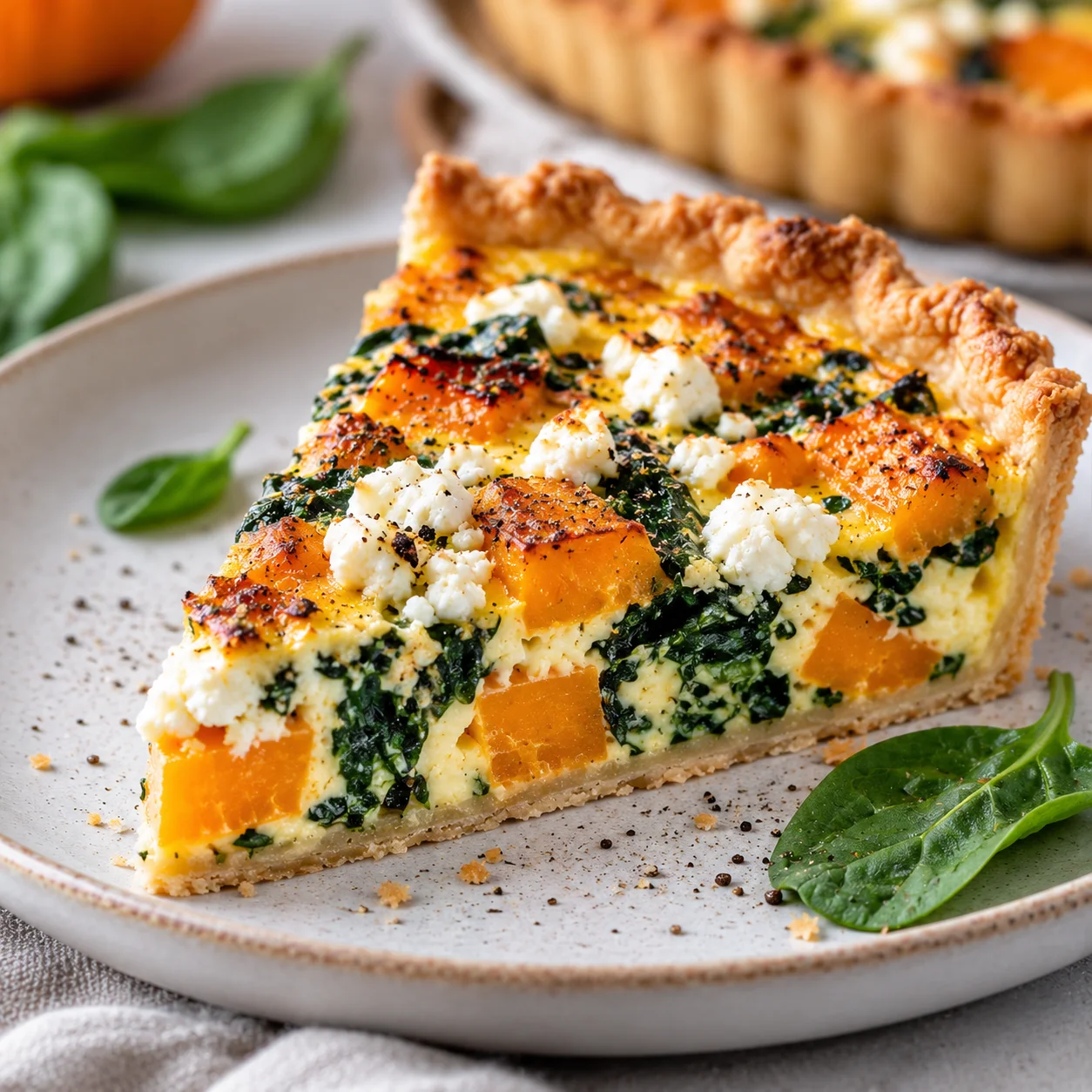 Aufgeschnittenes Stück Kürbis Quiche mit cremiger Spinat-Feta-Füllung und knusprigem Boden