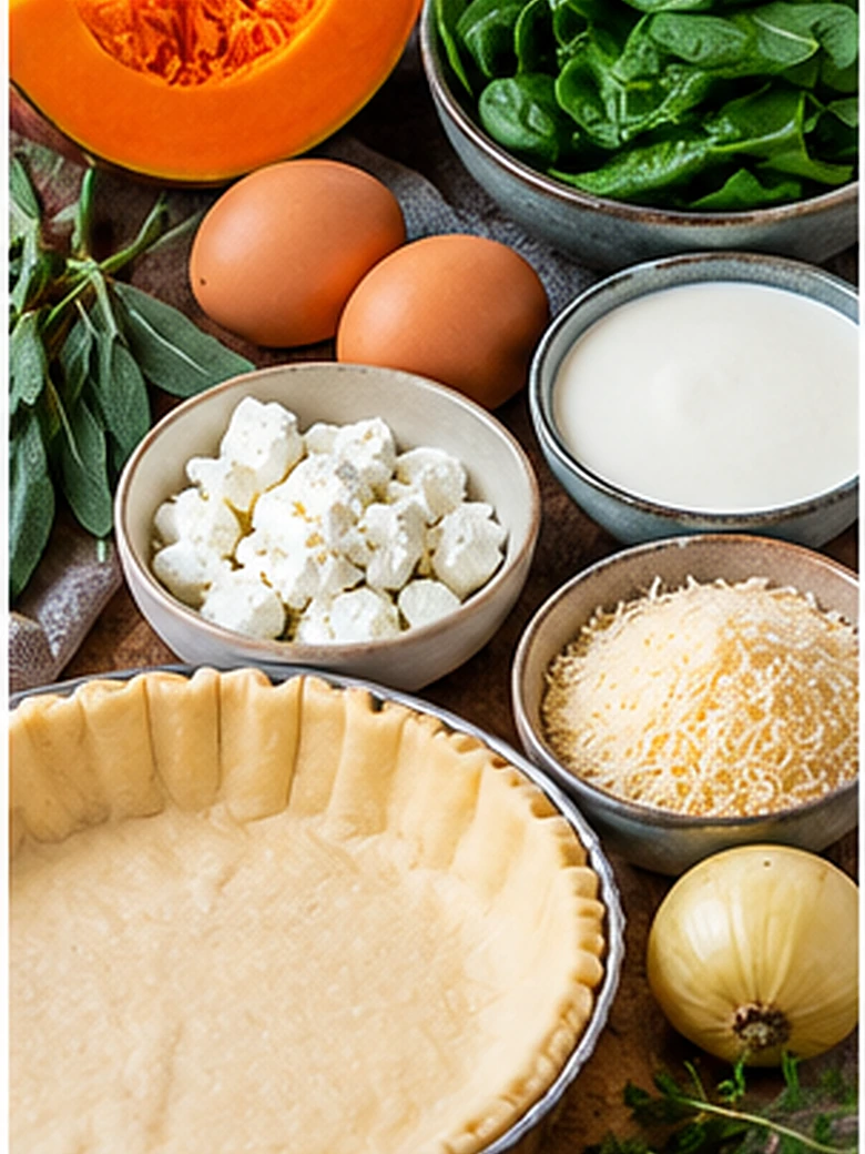 Hokkaido, Spinat, Feta, Eier, Sahne, Quicheteig, rote Zwiebel und Thymian als Zutaten
