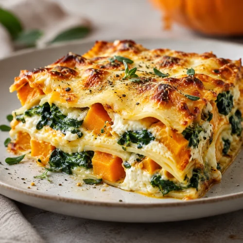 Anschnitt einer cremigen Kürbislasagne mit orangefarbenen Hokkaidowürfeln, grünen Spinatlagen und goldbraunem Mozzarella