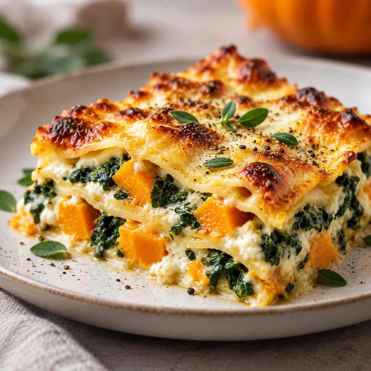 Servierte rechteckige Portion Kürbislasagne mit sichtbaren Kürbis- und Spinatschichten auf einem hellen Teller
