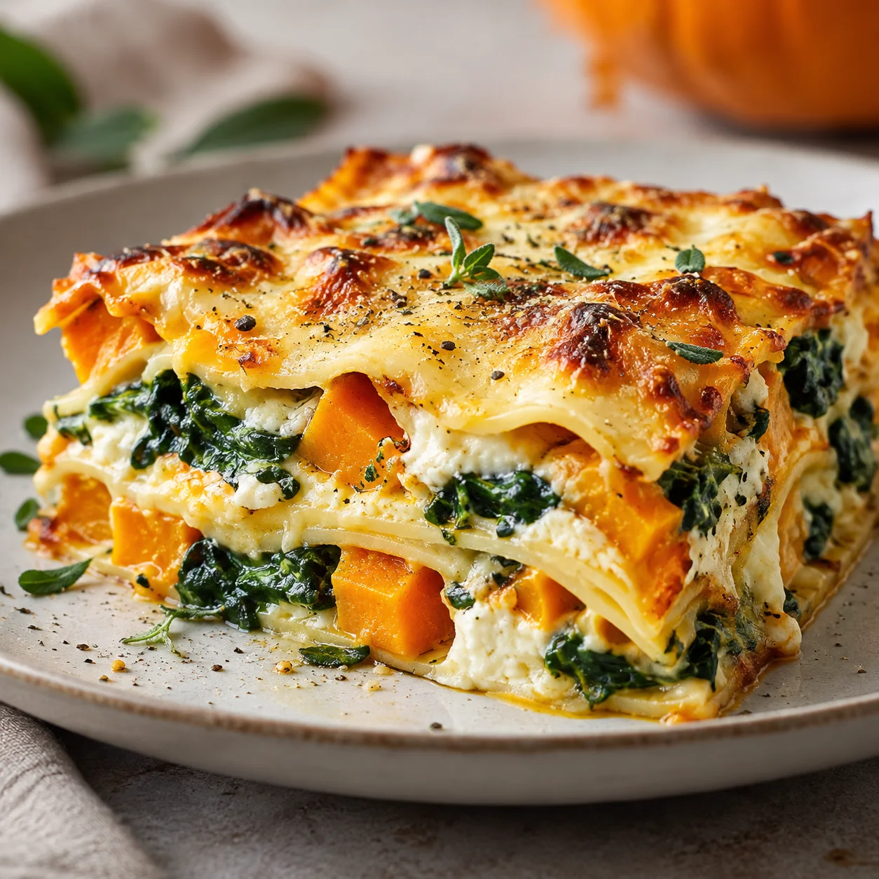 Anschnitt einer cremigen Kürbislasagne mit orangefarbenen Hokkaidowürfeln, grünen Spinatlagen und goldbraunem Mozzarella