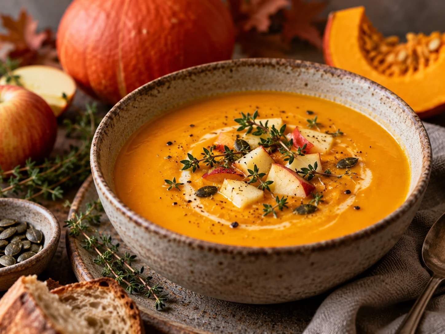 Kürbissuppe Hokkaido mit gebräuntem Kürbis Apfel und Thymian serviert