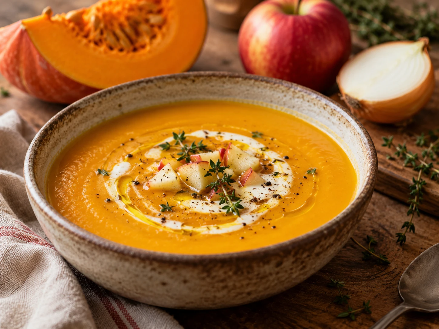 Geröstete Hokkaido-Kürbissuppe mit Kürbiskernen in einer Keramikschale