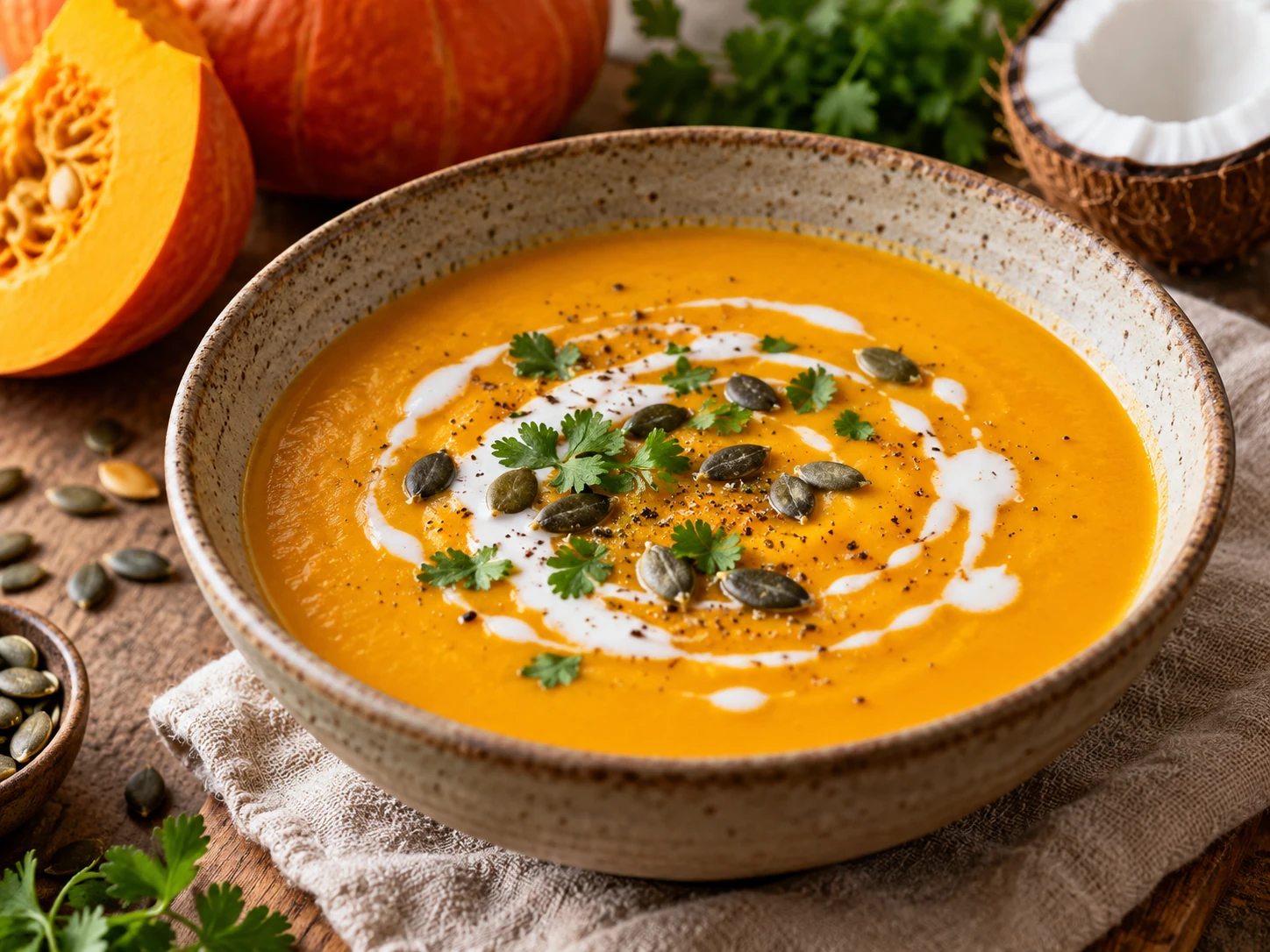 Kürbissuppe mit Kokosmilch cremig in einer Keramikschale mit Ingwer und Kräutern