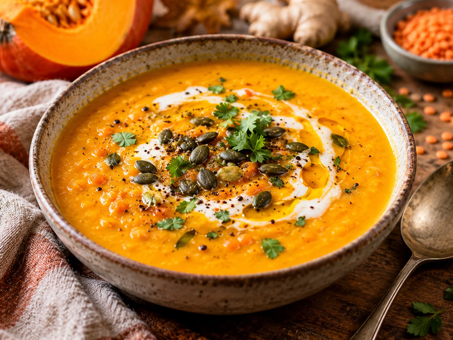 Vegane Kürbissuppe mit Kokosmilch serviert mit frischen Kräutern