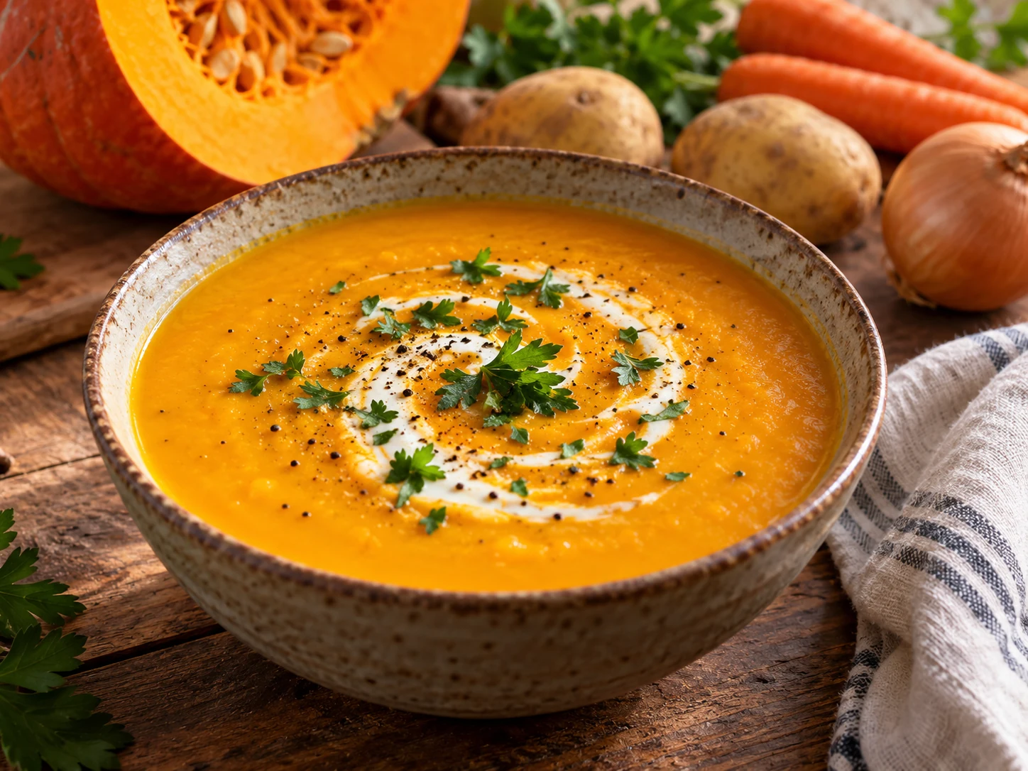 Klassische cremige Kürbissuppe serviert mit Kürbiskernen und frischen Kräutern