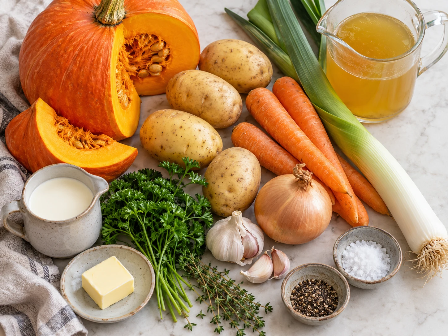 Zutaten für klassisches Kürbissuppe Rezept mit Butternut Kartoffeln und Möhren