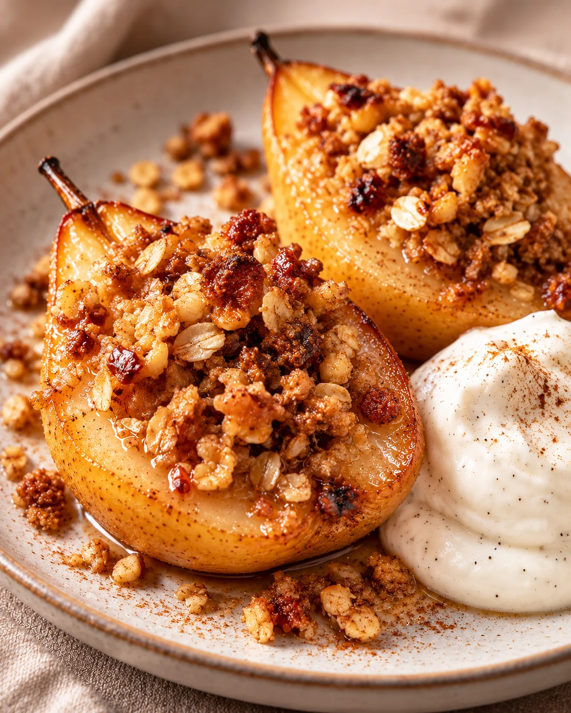 Fertig gebackene Ofenbirnen mit goldbraunem Haferflocken-Crumble und einem Klecks Vanillequark