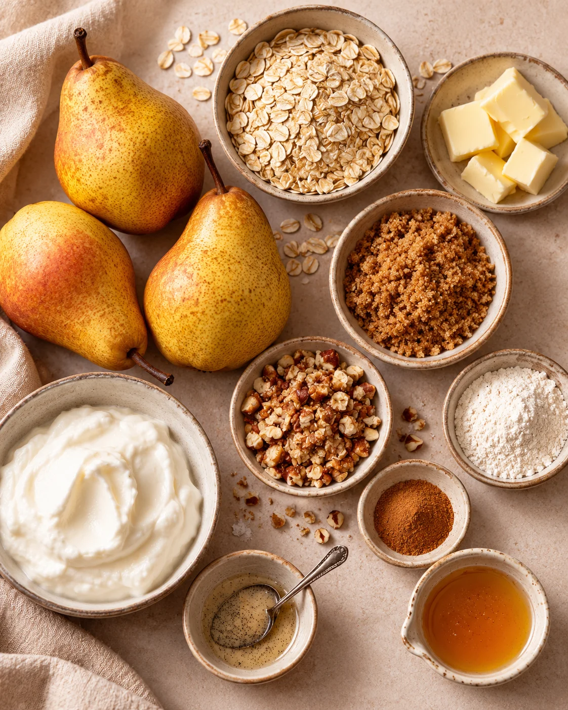 Birnen, Haferflocken, Butter, Mehl, brauner Zucker, Zimt, Zitrone und Quark für Ofenbirnen mit Crumble