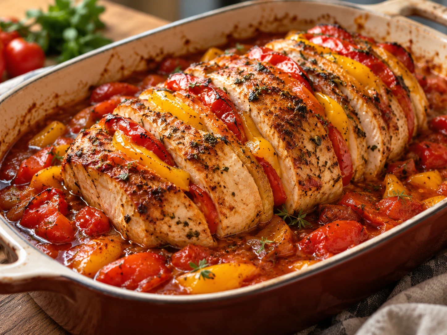 Putenbraten aus dem Ofen als Paprika-Fächerbraten fertig zubereitet in einer natürlichen Food-Nahaufnahme