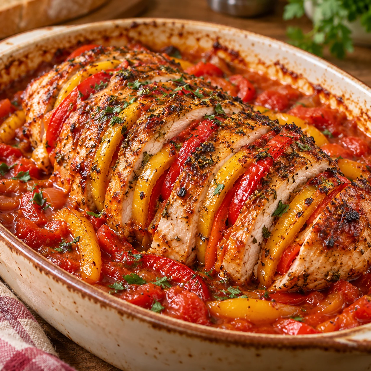Putenbraten aus dem Ofen als Paprika-Fächerbraten angerichtet als fertiges Gericht mit appetitlicher Soße
