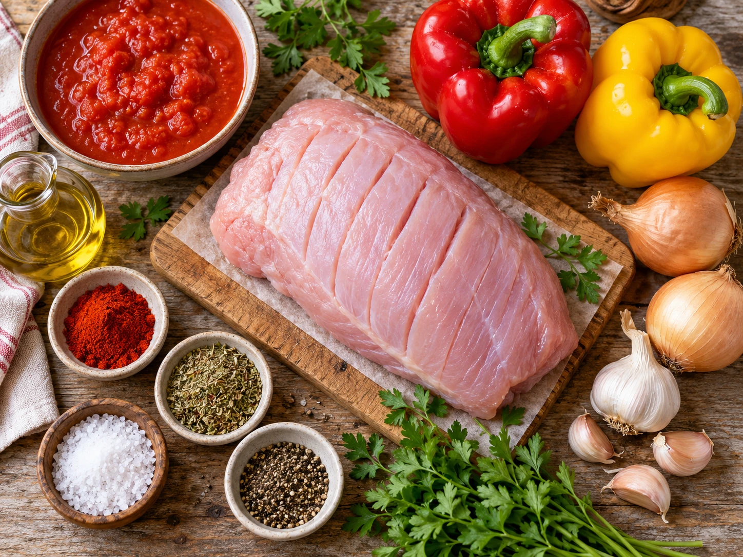 Zutaten für Putenbraten aus dem Ofen als Paprika-Fächerbraten übersichtlich auf einer hellen Küchenarbeitsplatte