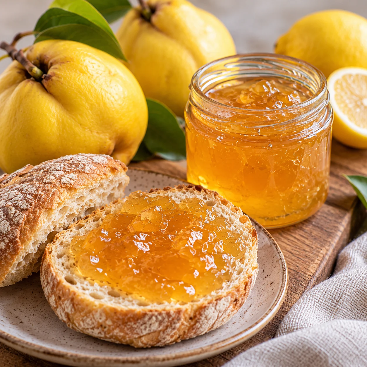 Quittengelee als glänzender Brotaufstrich auf einem Brötchen neben einem geöffneten Glas