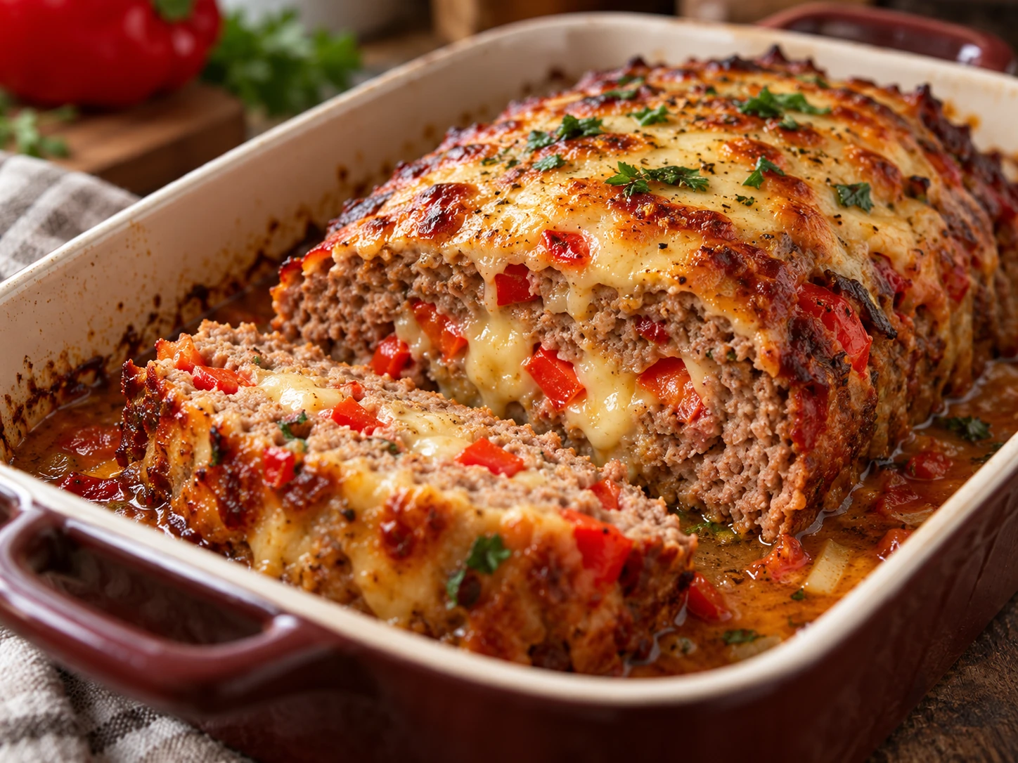 Räuberhackbraten mit Paprika und Käse aus dem Ofen fertig zubereitet in einer natürlichen Food-Nahaufnahme