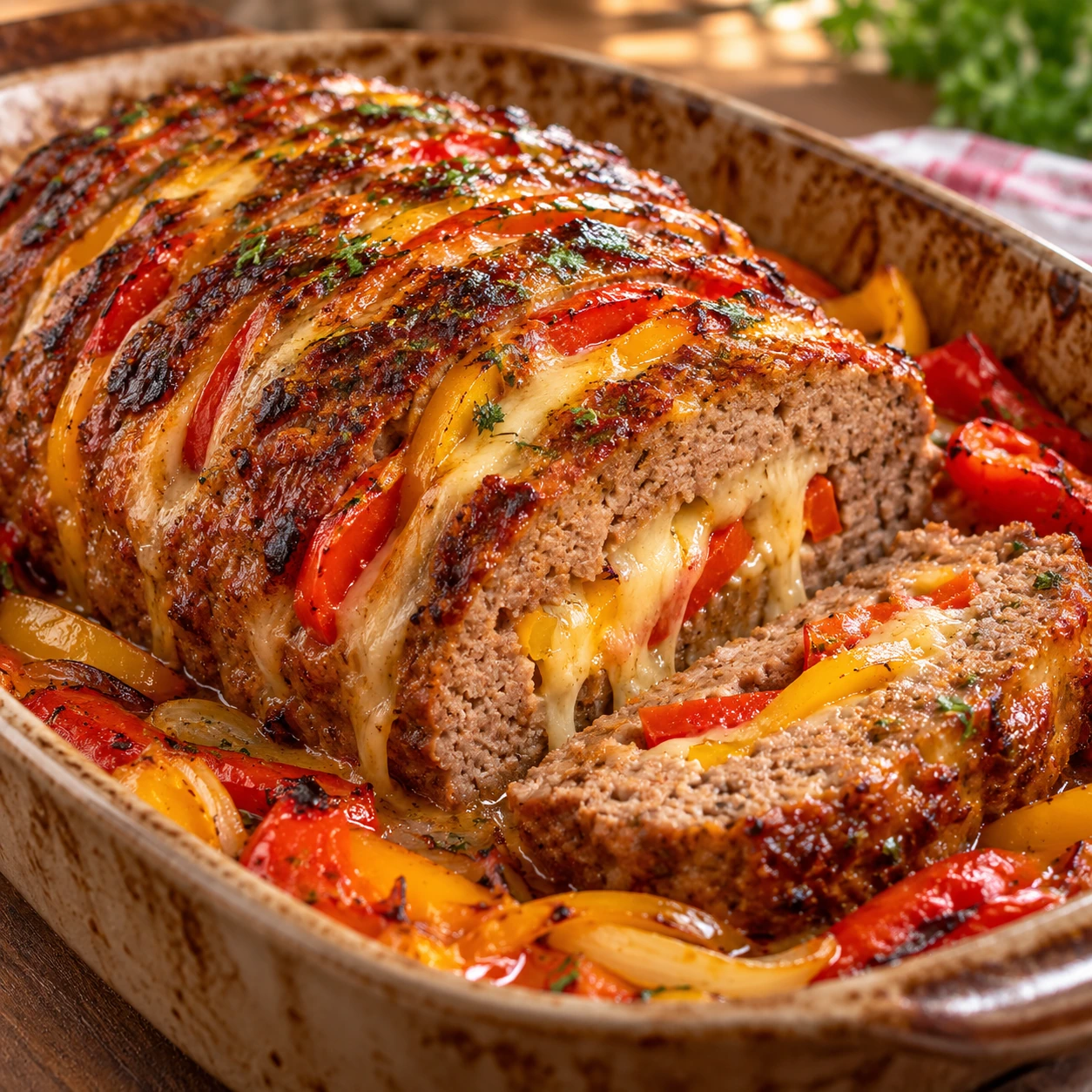 Räuberhackbraten mit Paprika und Käse aus dem Ofen angerichtet als fertiges Gericht mit appetitlicher Soße
