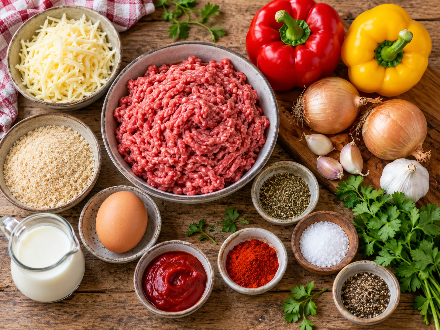 Zutaten für Räuberhackbraten mit Paprika und Käse aus dem Ofen übersichtlich auf einer hellen Küchenarbeitsplatte