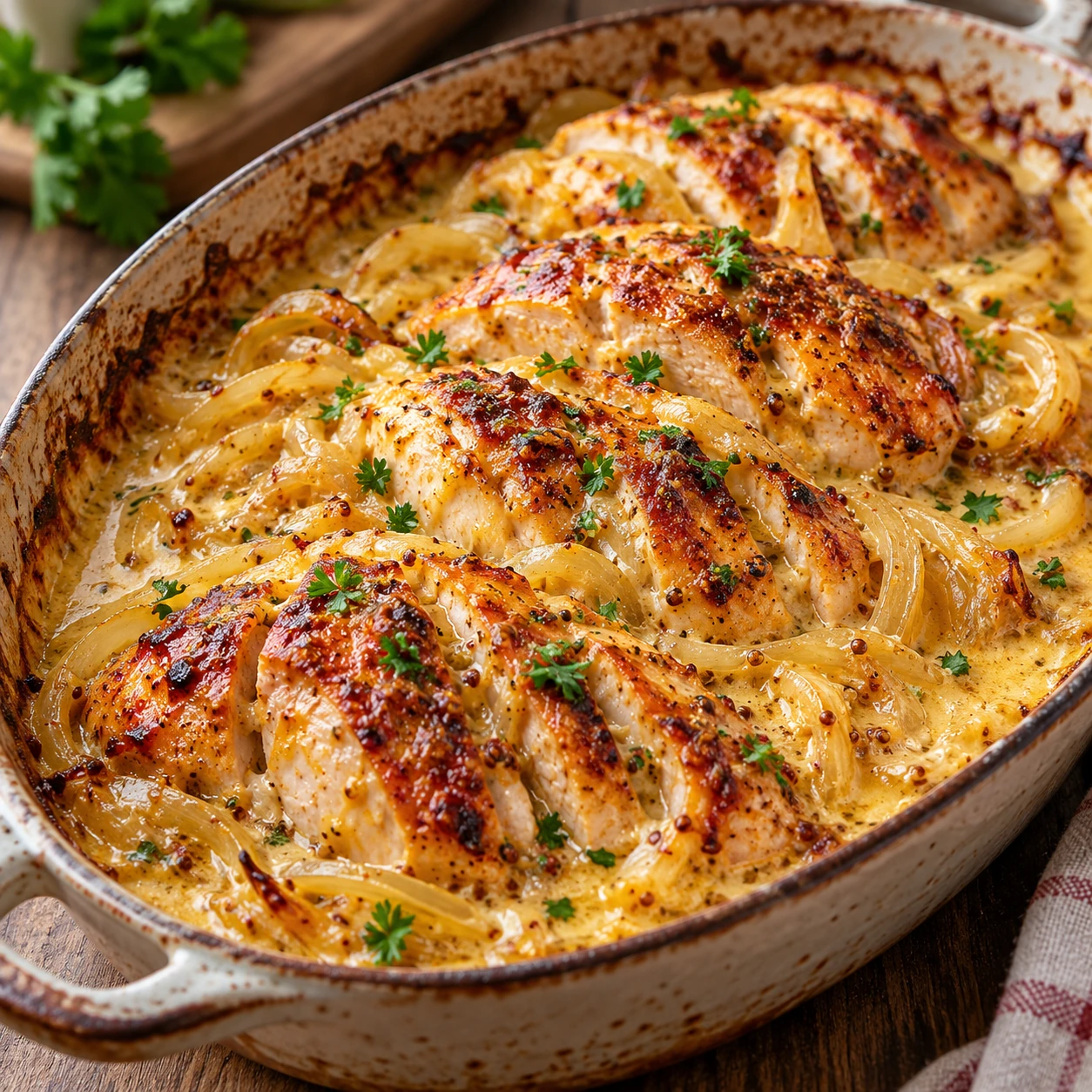Räuberhähnchen aus dem Ofen mit Senf-Sahne-Soße angerichtet als fertiges Gericht mit appetitlicher Soße.