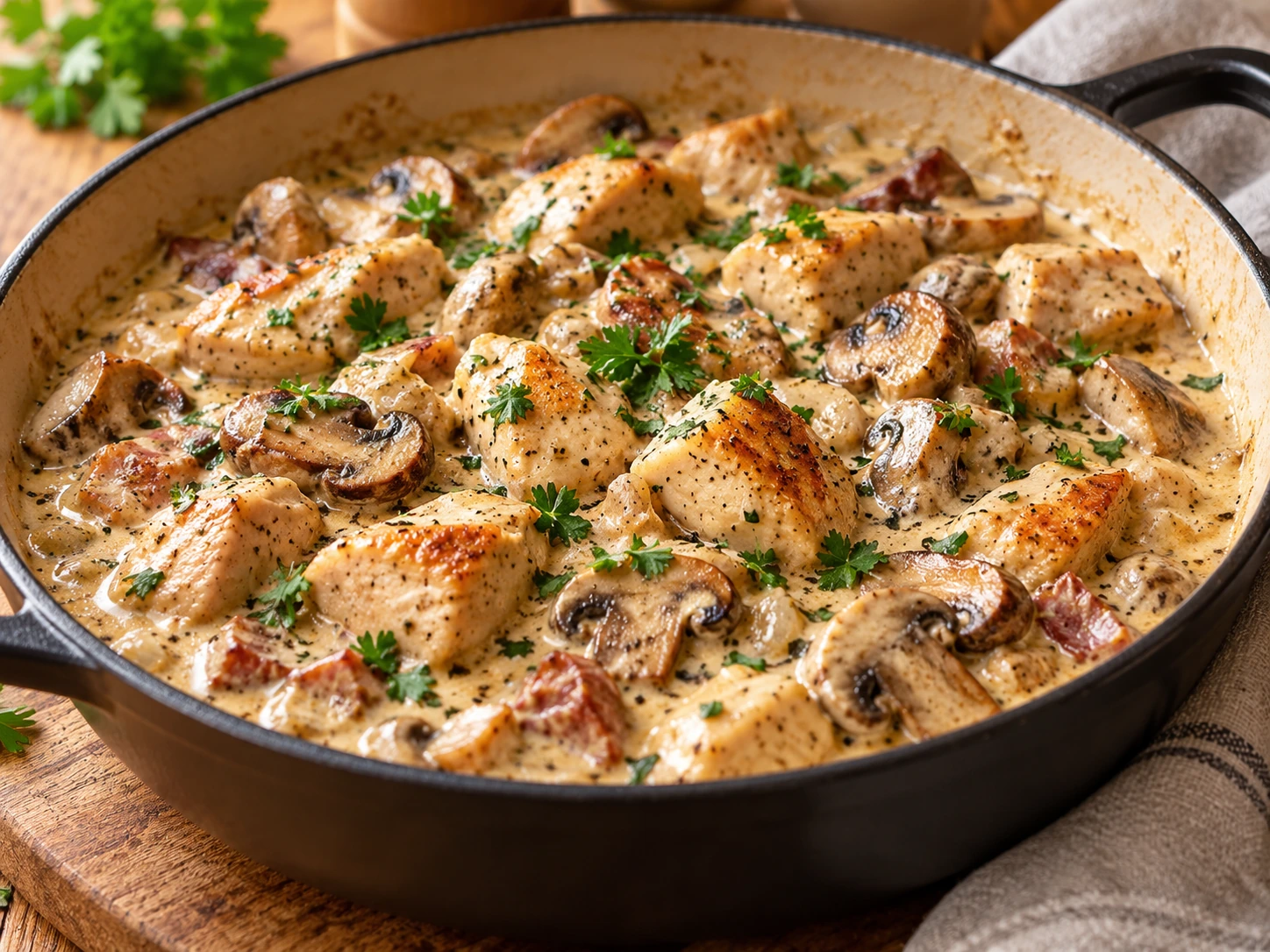 Cremiger Räubertopf mit Hähnchen und Champignons fertig zubereitet in einer natürlichen Food-Nahaufnahme