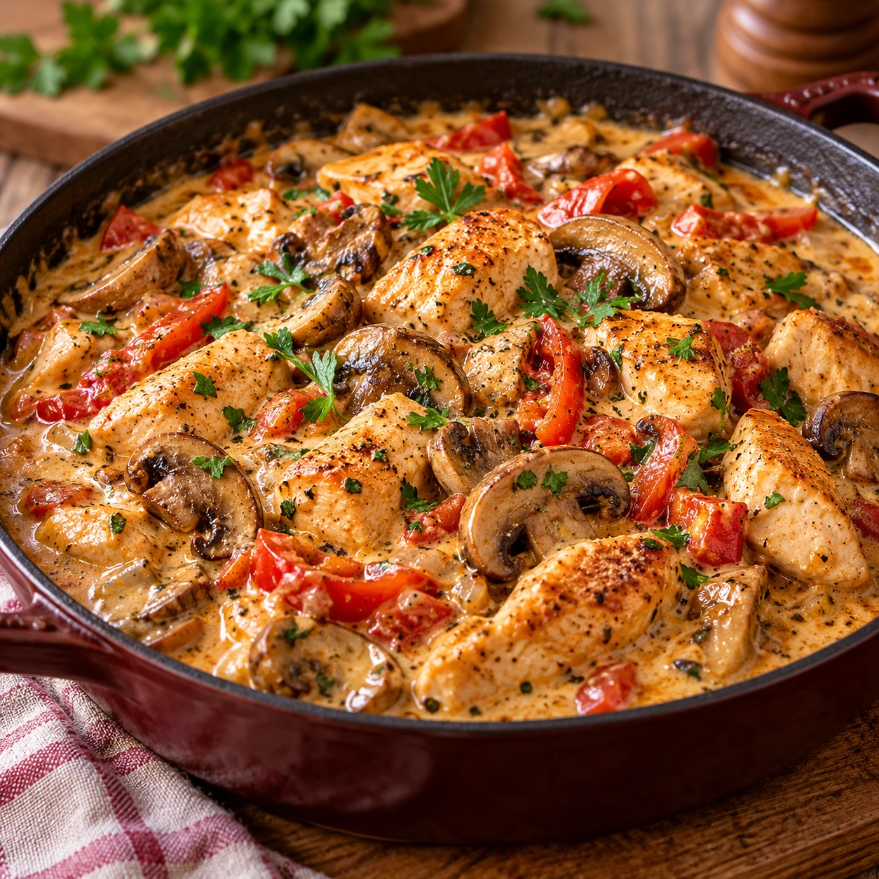 Cremiger Räubertopf mit Hähnchen und Champignons angerichtet als fertiges Gericht mit appetitlicher Soße