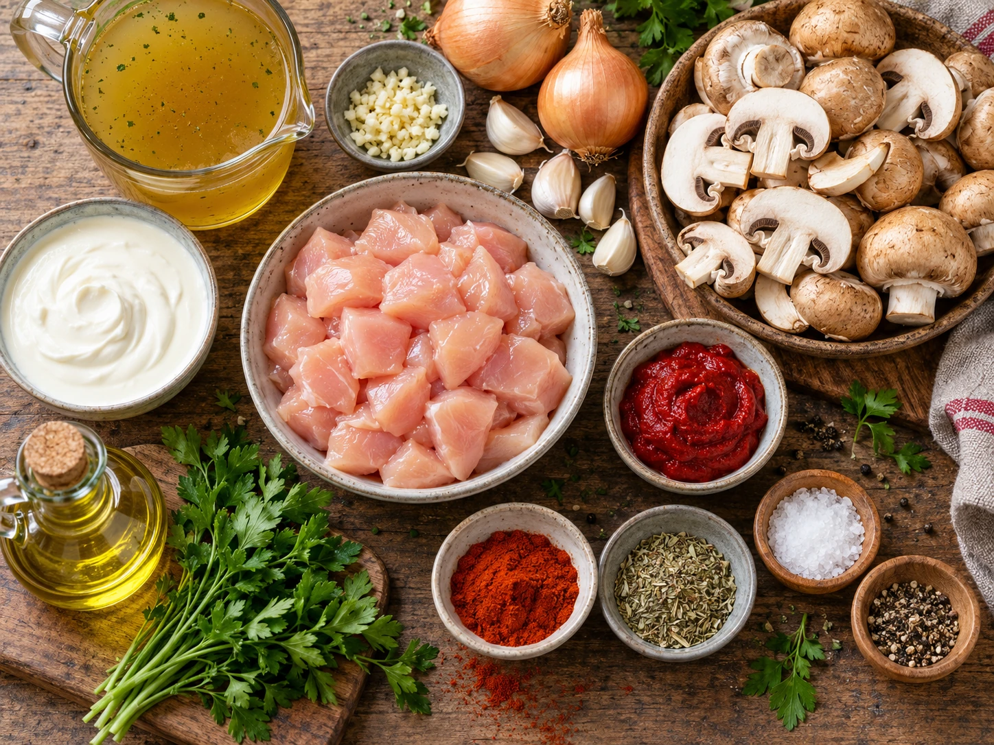 Zutaten für Cremiger Räubertopf mit Hähnchen und Champignons übersichtlich auf einer hellen Küchenarbeitsplatte
